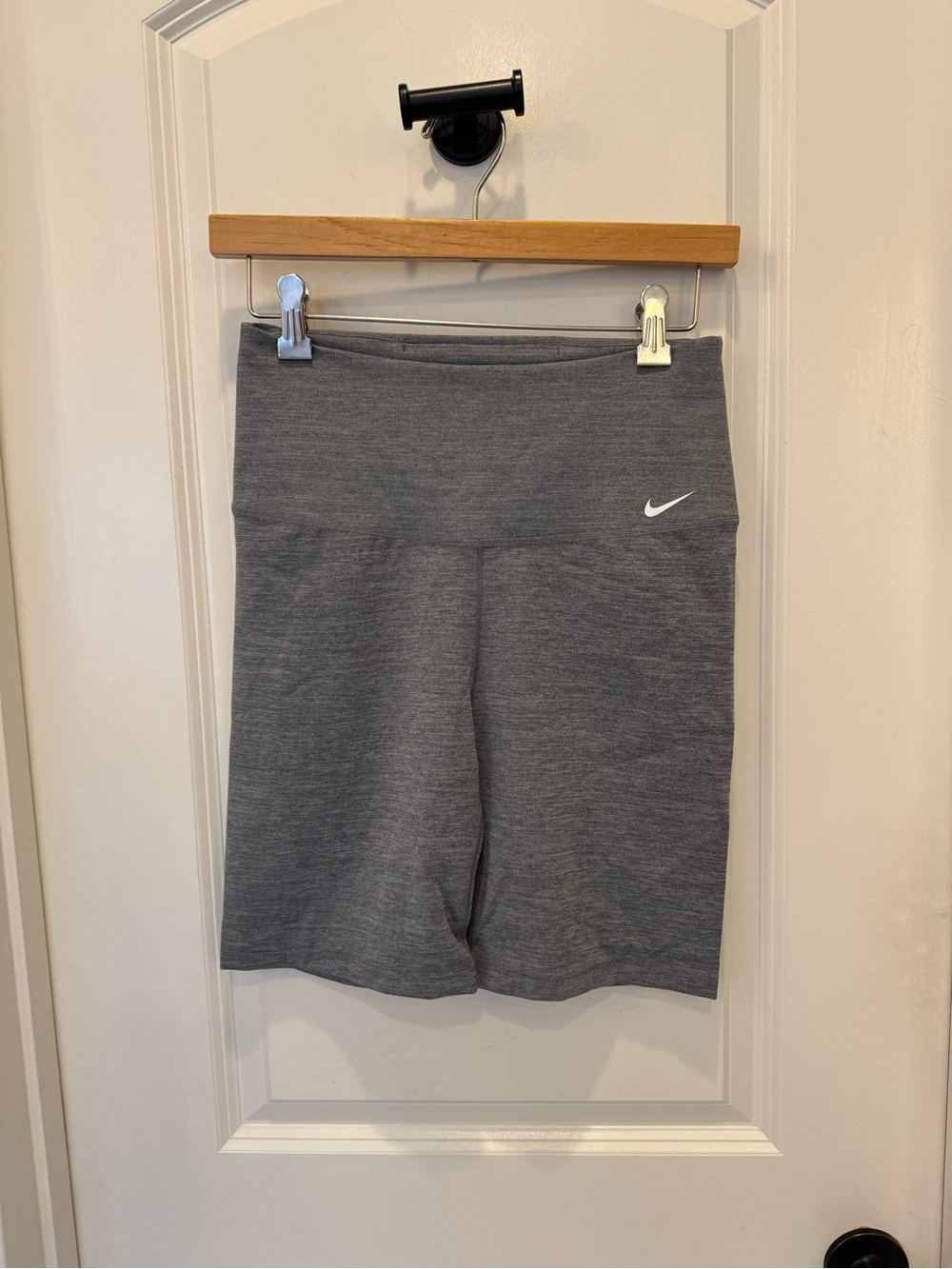 Nike Women’s Gray High-Rise Bike Shorts with White Swoosh